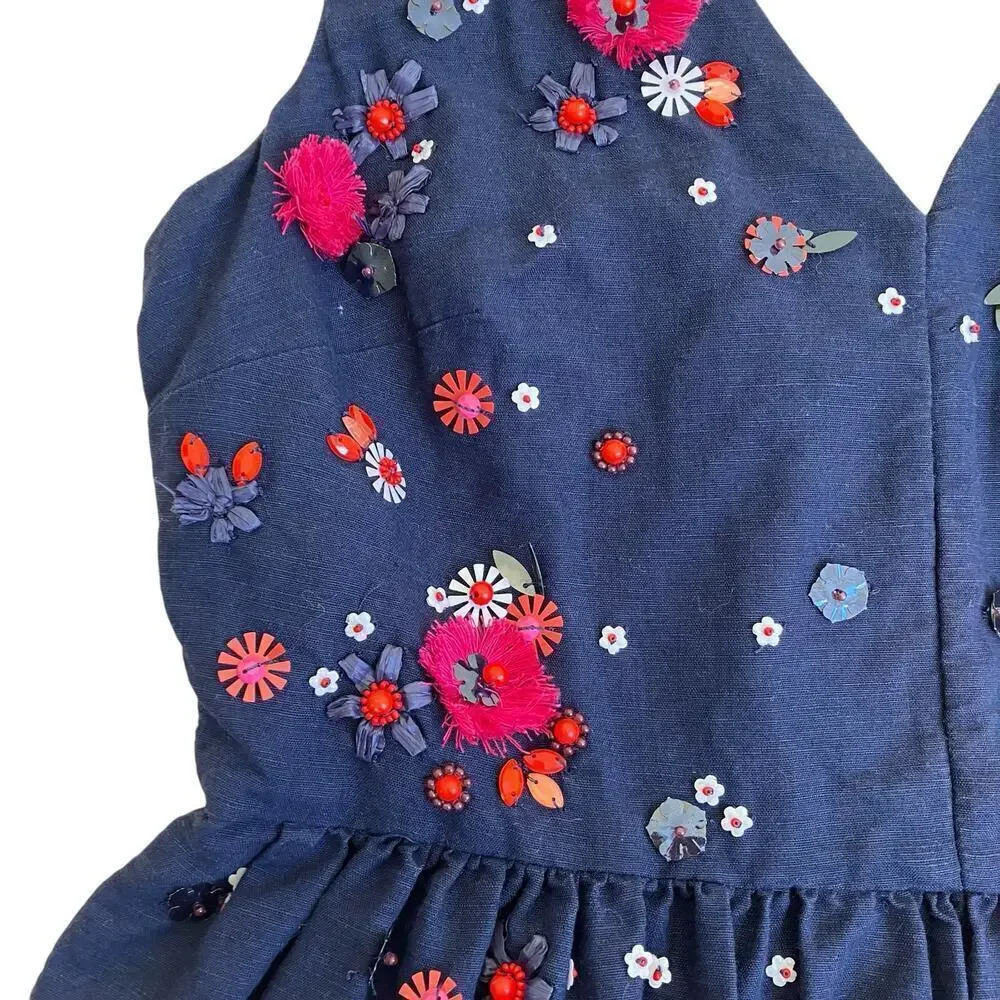 J. Crew Hand-Embellished Beaded Linen Blend Sleeveless Peplum Top Navy Red Sz 00